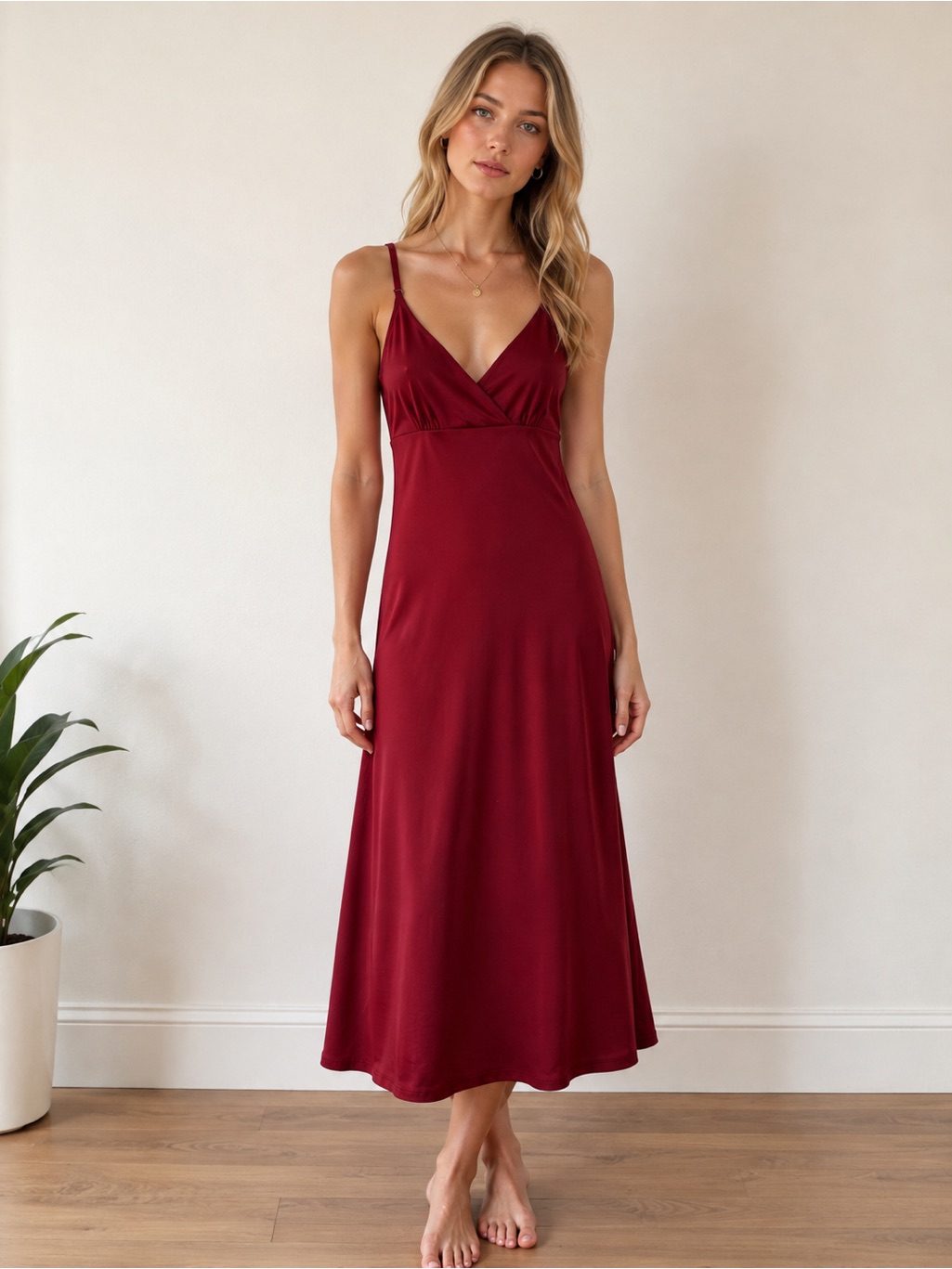 Simple Retro Burgundy Red Satin Slip Midi Dress Size Large